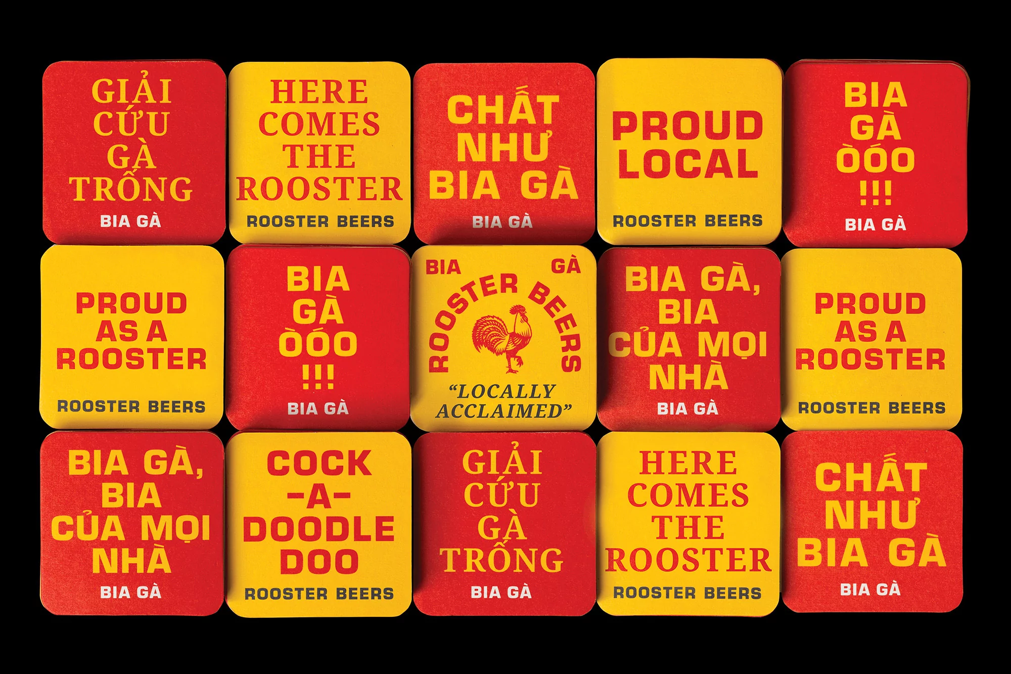 Collection of red and yellow Rooster Beer coasters with graphic text and rooster logo on a black background, presented as a product shot.