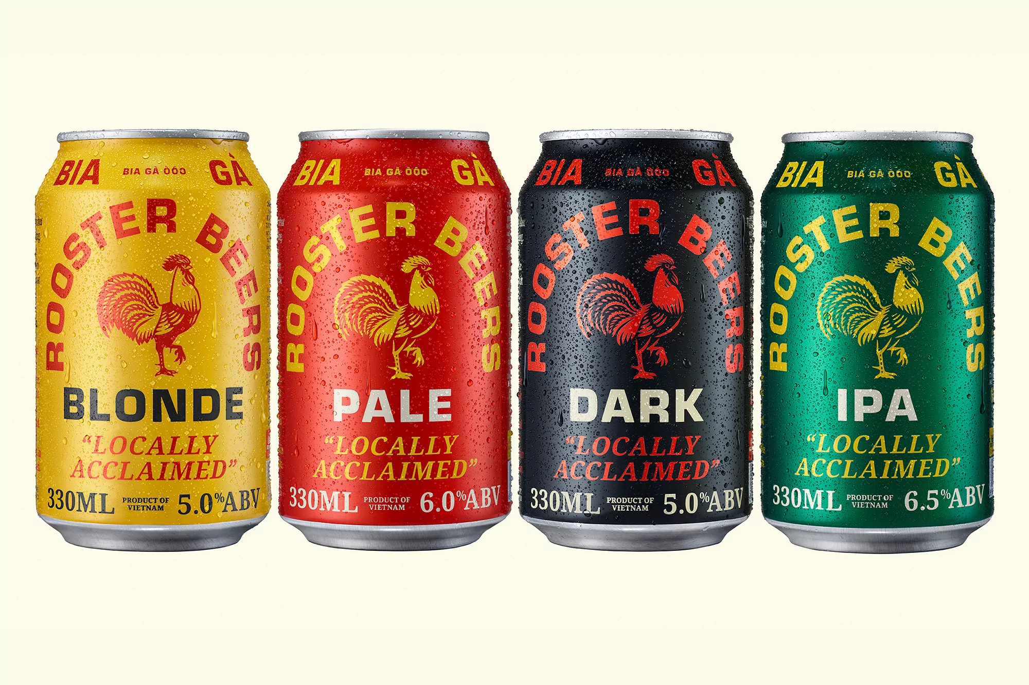 Four colorful cans of Rooster Beers in yellow, red, black, and green, each featuring a rooster logo and different beer style names.