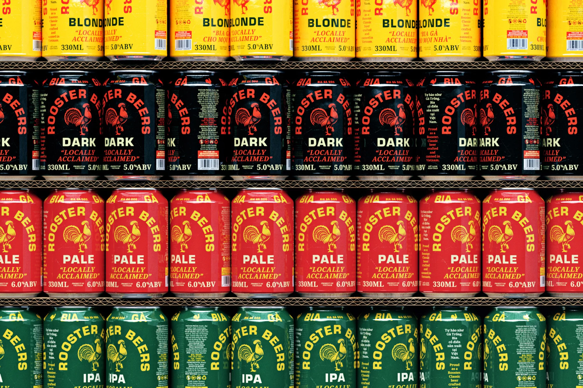 Rows of Rooster Beers cans in yellow, black, red, and green on a shelf. Different beer types: blonde, dark, pale, and IPA.