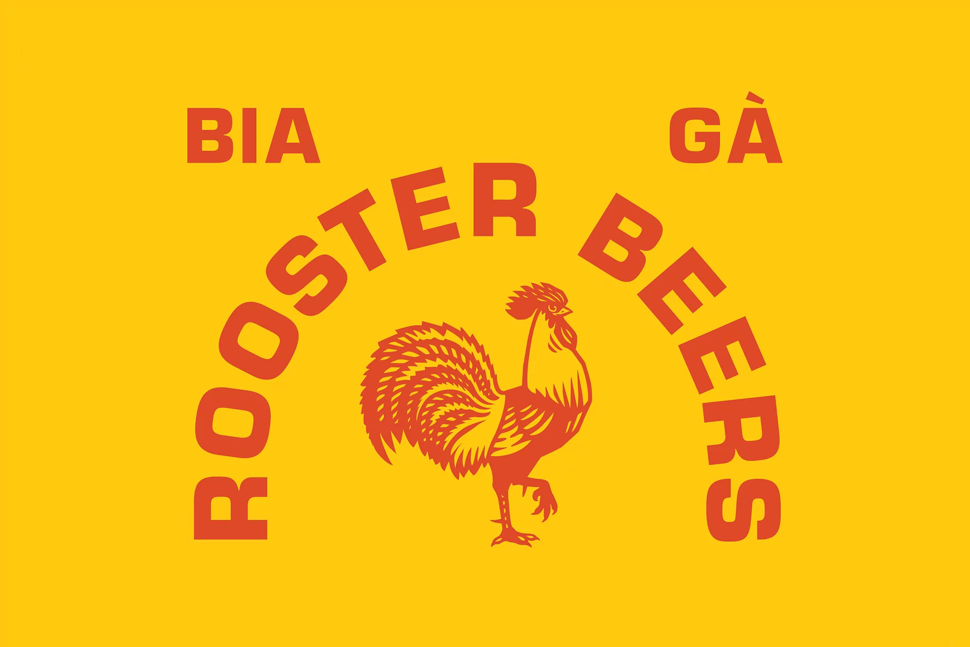 Rooster Beers logo on a yellow background featuring a brown rooster illustration and brand name arched above and below the bird.