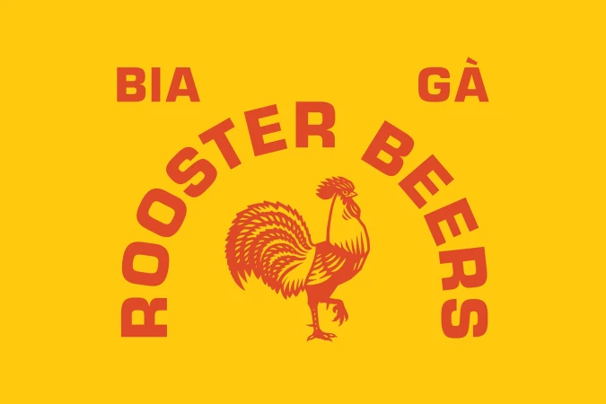 Rooster Beers logo on a yellow background featuring a brown rooster illustration and brand name arched above and below the bird.