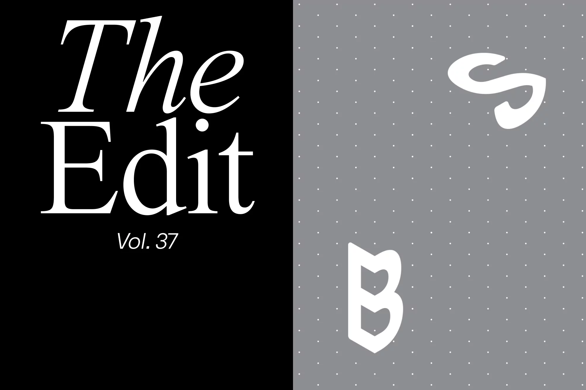 Text-based graphic of 'The Edit Vol. 37' on black, split with patterned grey panel containing stylized 'S' and 'B' letters.
