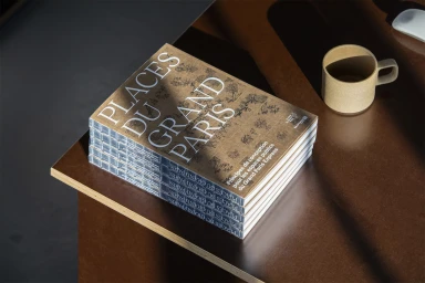 A stack of books titled Places du Grand Paris resting on a dark wooden table next to a ceramic mug.