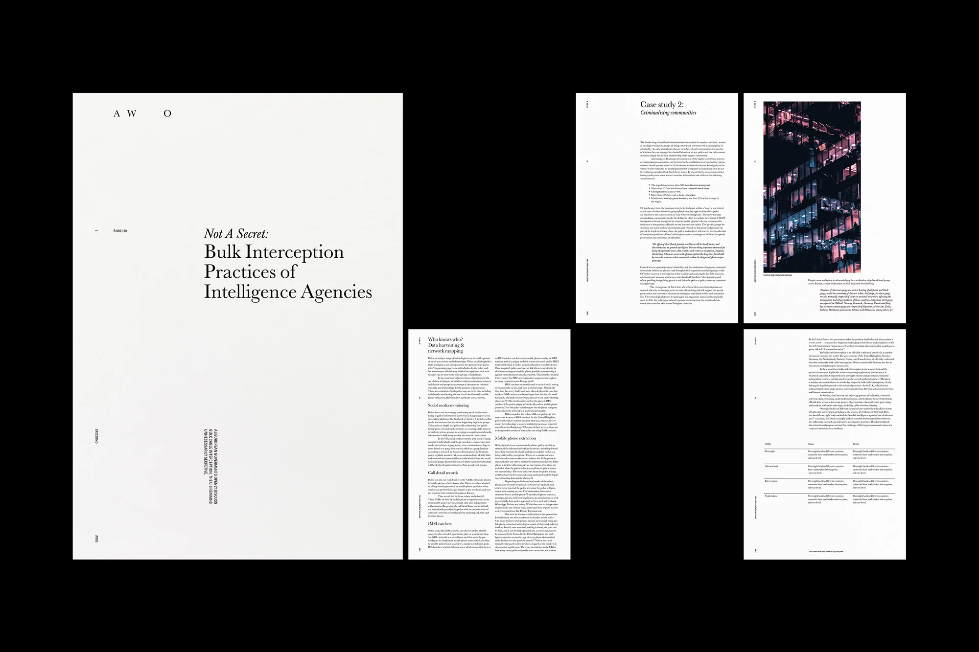 Five opened document pages showing text layouts and a column of high-rise buildings at night are presented against a black background.