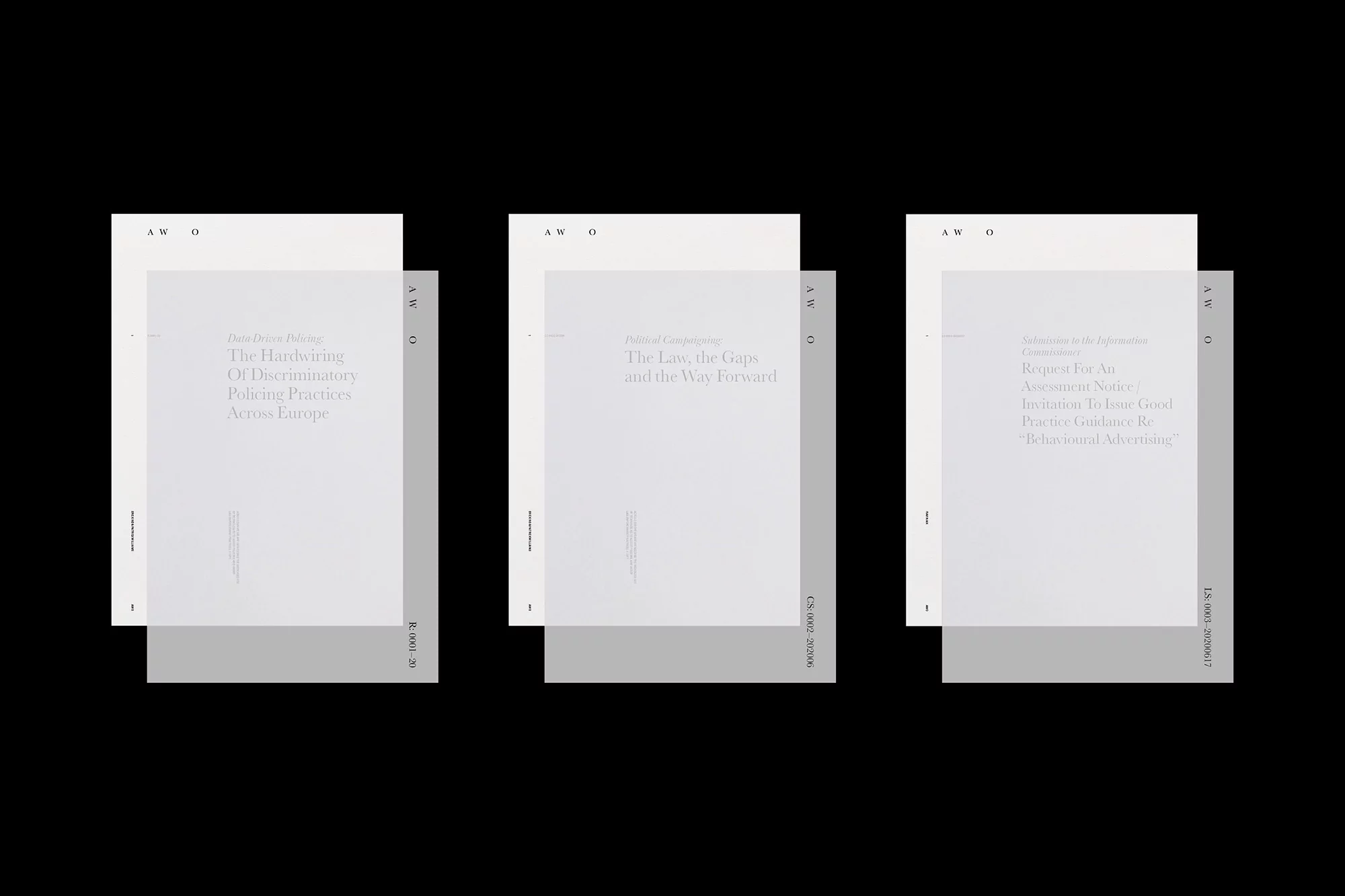 Three documents with text on them are arranged against a black background. Each document has a cover page and a title.