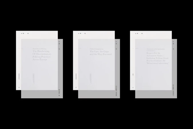 Three documents with text on them are arranged against a black background. Each document has a cover page and a title.
