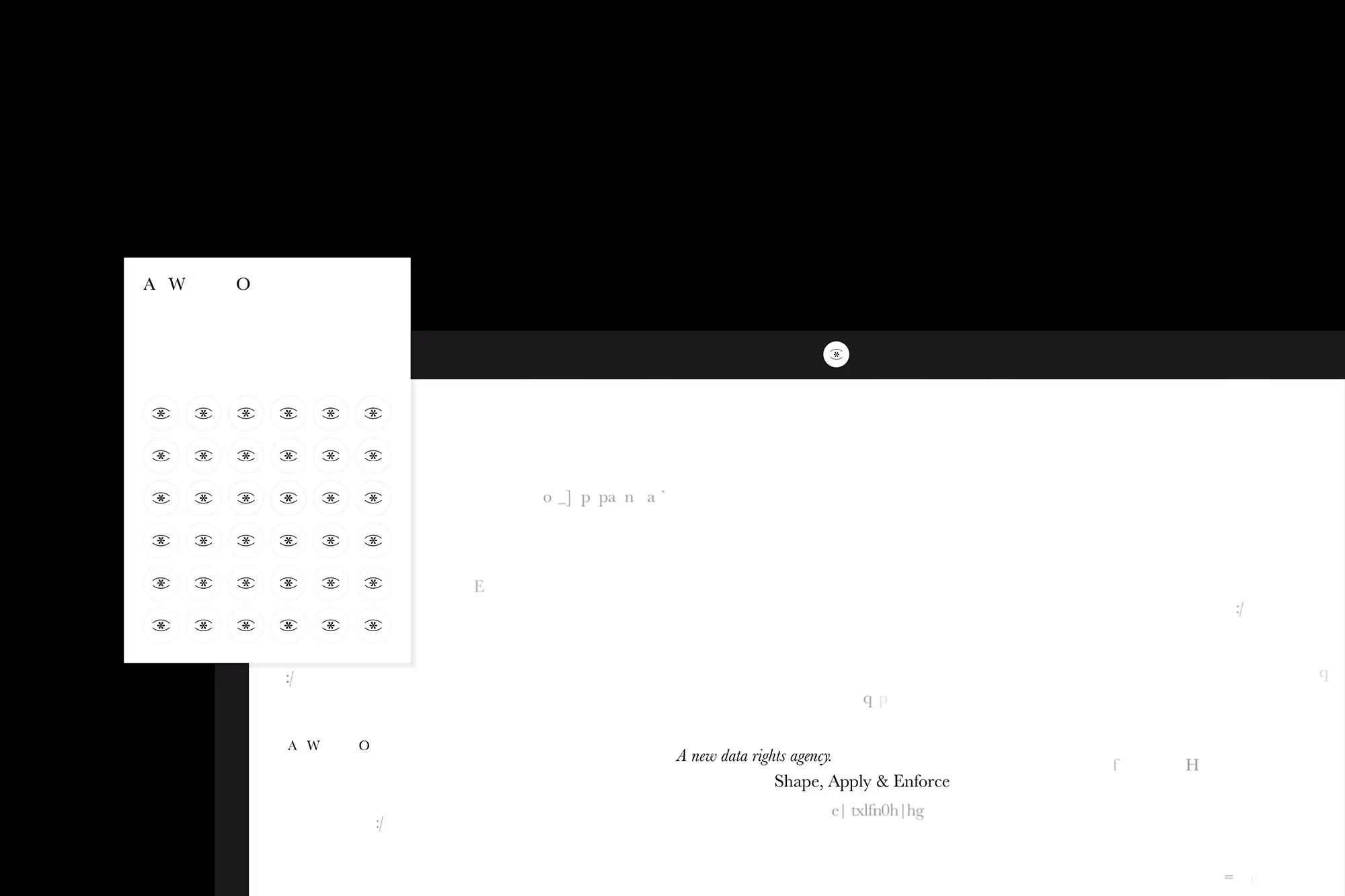 Abstract graphic design featuring repeating eye icons and text elements on a white background with a dark upper section.