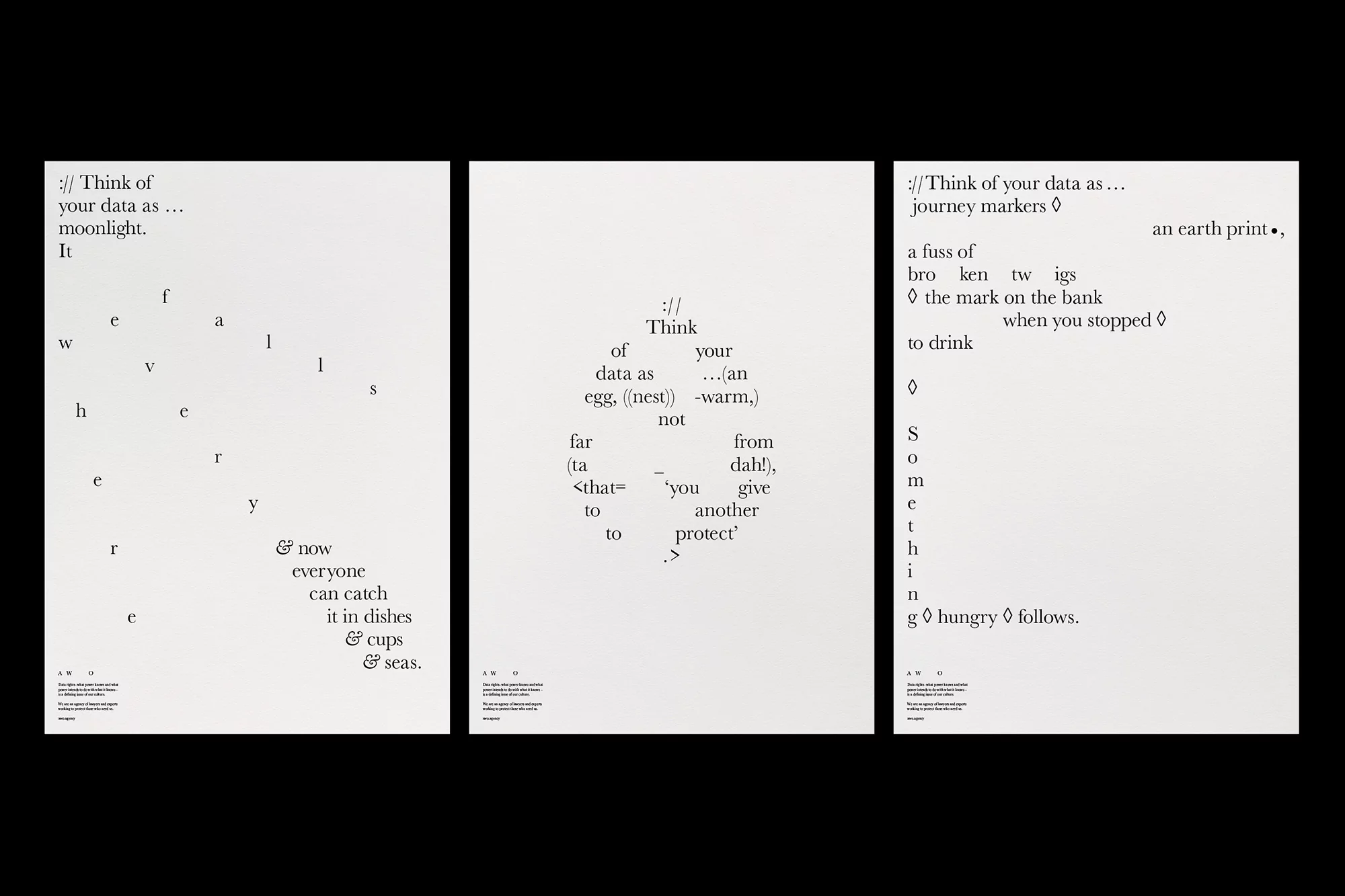 Three cream-colored posters with dark grey conceptual typography arranged in artistic patterns, displayed side by side.
