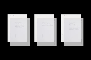 Three white reports with transparent overlays bearing typography set against a solid black background.