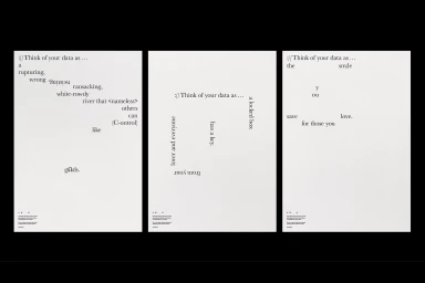 Three vertical white panels showcasing minimalist typography and experimental layout design for AWO brand identity