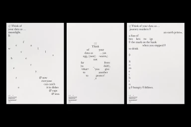 Three vertical white posters featuring minimalist typographic layouts with experimental poetry and data-driven text arrangements.