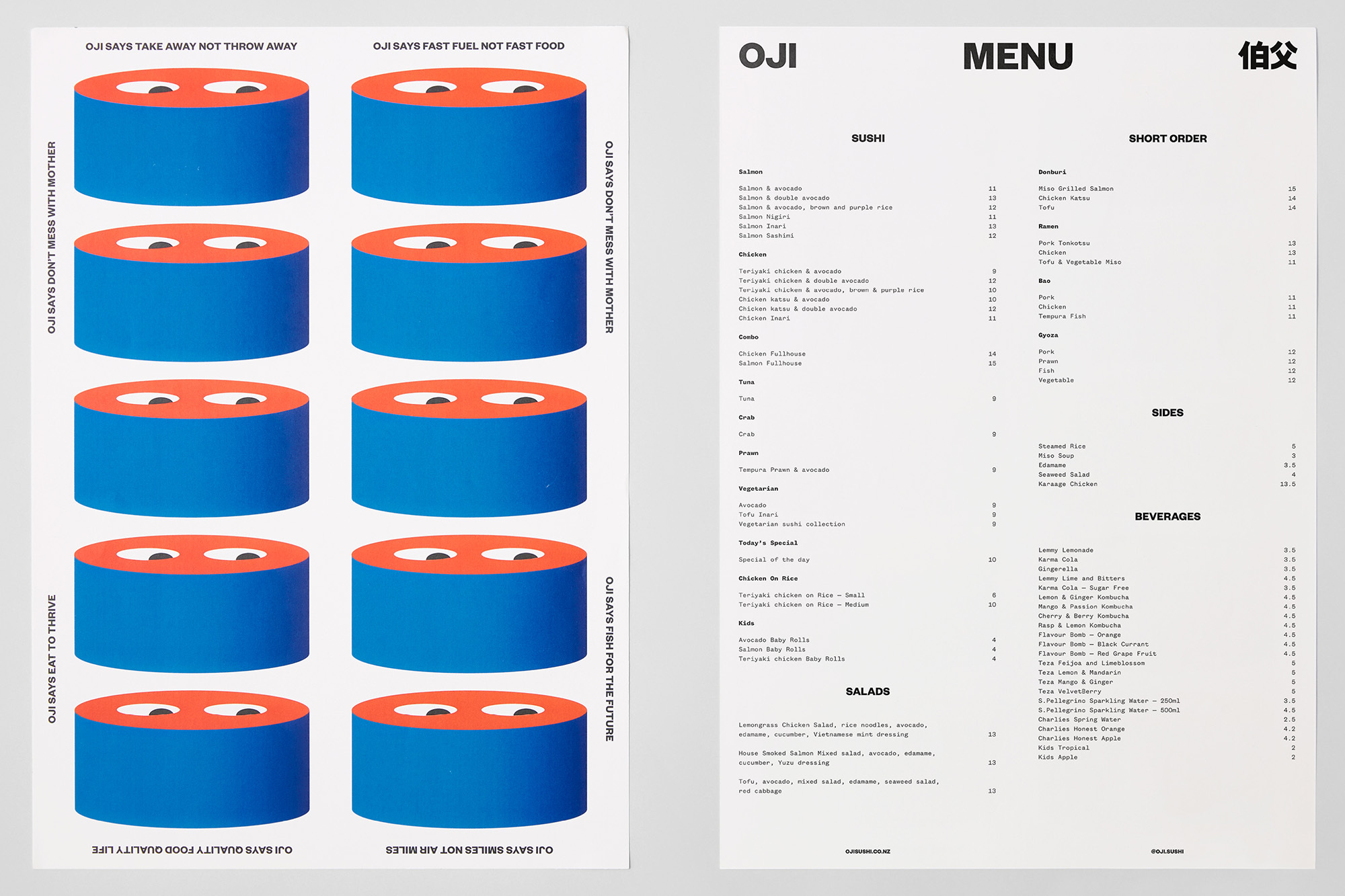 OJI restaurant menu graphic art featuring stylized sushi roll characters with humorous text; minimalist design, blue and orange on white background.