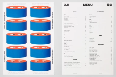 OJI brand identity packaging design featuring cylindrical blue packaging with googly eyes and a printed restaurant menu
