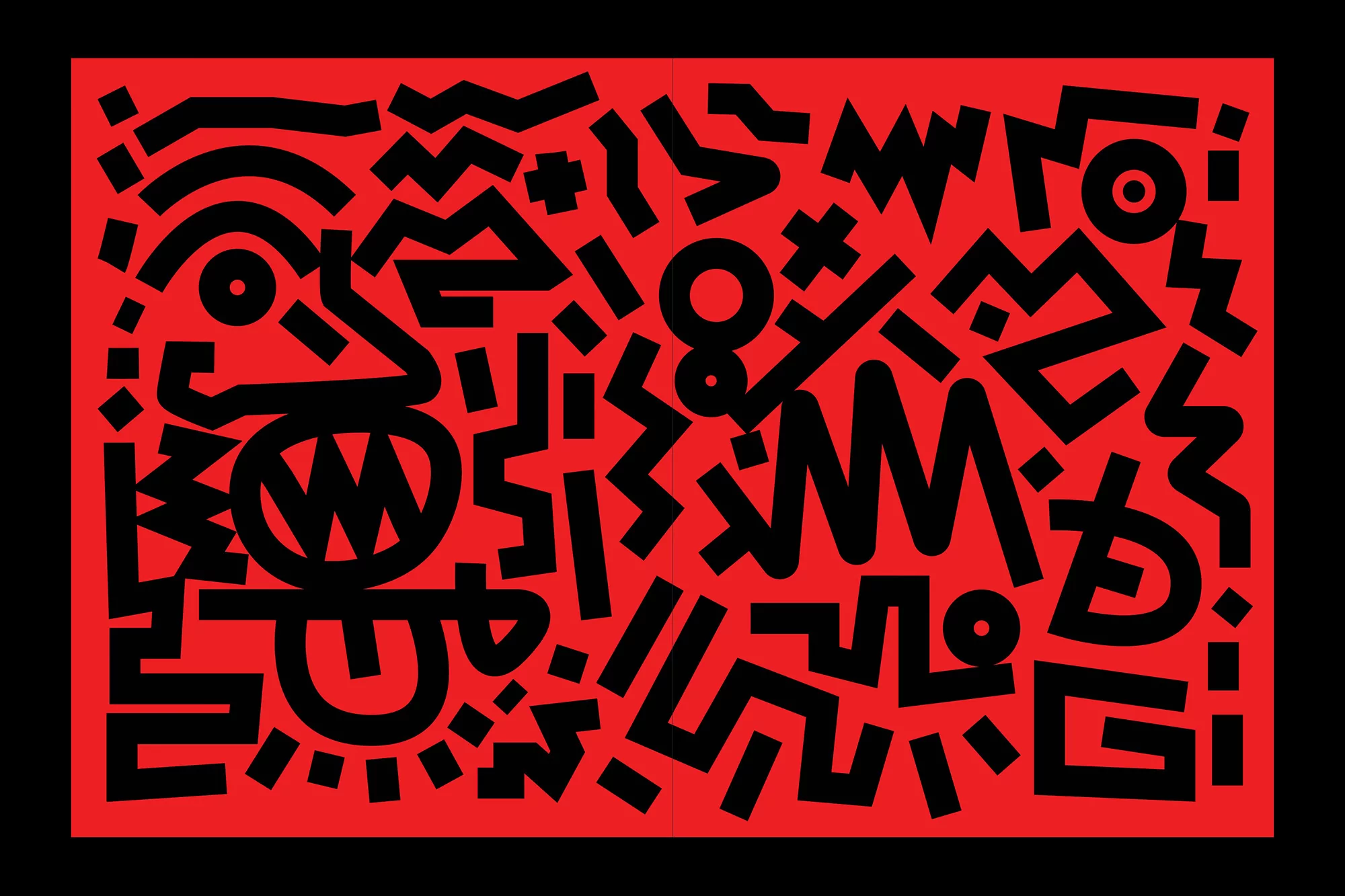Abstract illustration featuring a stylized face and geometric patterns in black against a bright red background.