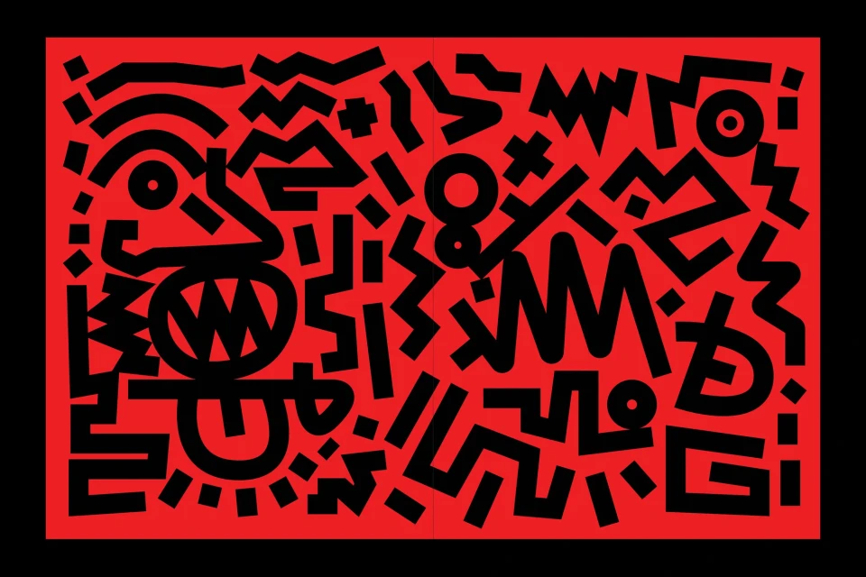 Abstract illustration featuring a stylized face and geometric patterns in black against a bright red background.