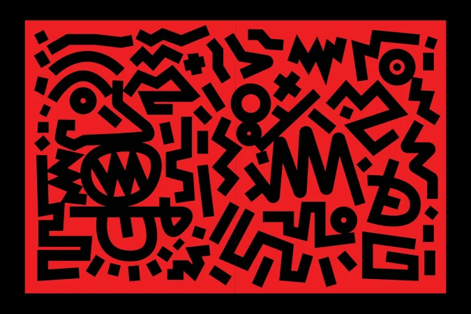Abstract illustration featuring a stylized face and geometric patterns in black against a bright red background.