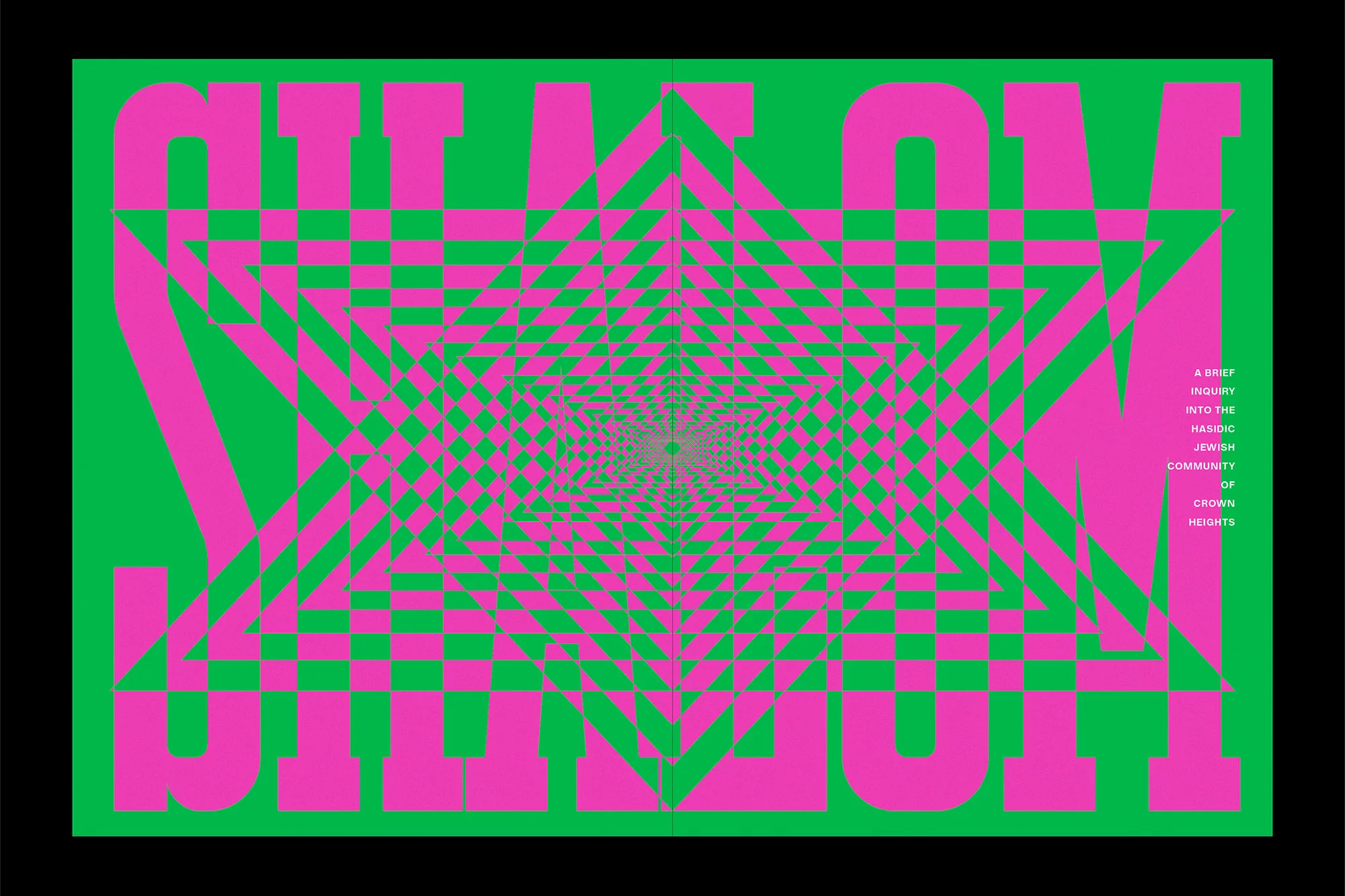 Optical illusion art with geometric star pattern and large text on bright green background in pink, creating a vibrant visual effect.