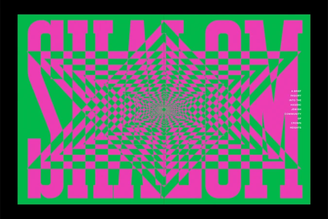 Optical illusion art with geometric star pattern and large text on bright green background in pink, creating a vibrant visual effect.