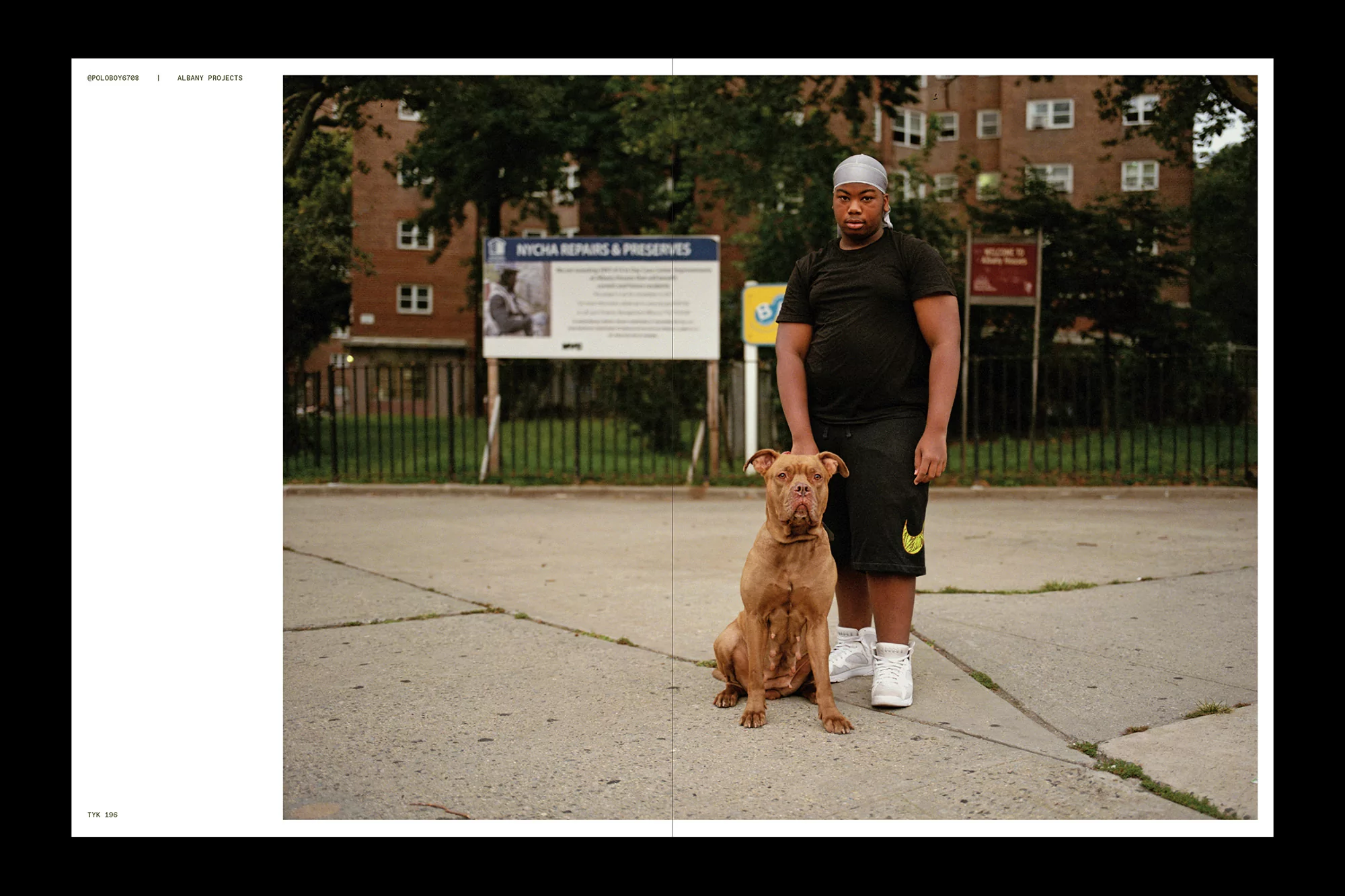 Young man in black t-shirt poses with a brown pitbull dog on a city street with buildings and green trees in the background.