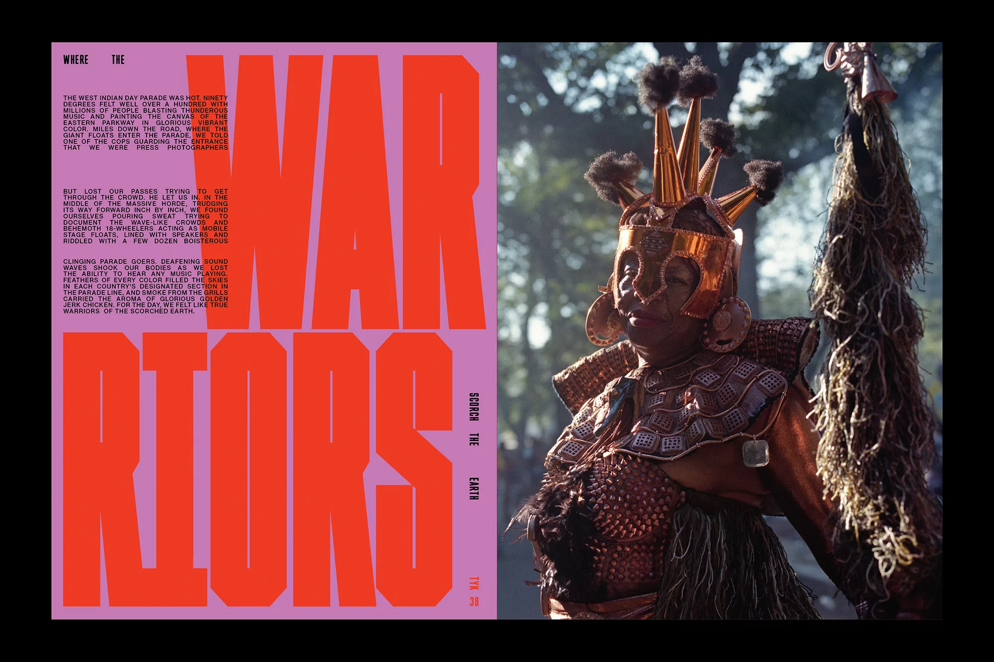 Woman in ornate gold costume at a parade with colorful typography overlay. Celebratory ethnic costume with striking makeup.