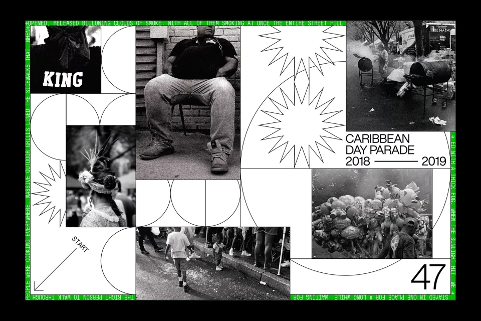 Black and white collage featuring street photography of Caribbean Day Parade with graphic elements, text overlays, and geometric shapes.