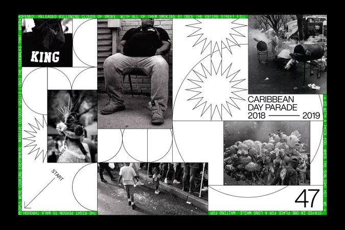 Black and white collage featuring street photography of Caribbean Day Parade with graphic elements, text overlays, and geometric shapes.