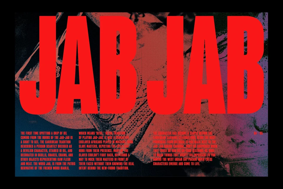 Graphic poster featuring the words 'JAB JAB' in bold red, overlaid on an abstract image with text elements.