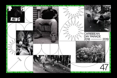 Monochrome graphic collage featuring black and white photography, geometric line art, and typography for Caribbean Day Parade