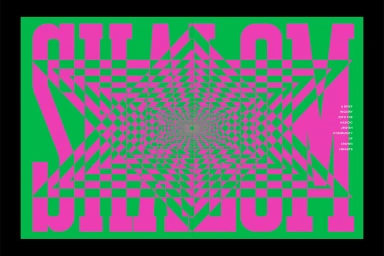 Vibrant green and pink graphic composition featuring an optical illusion pattern and bold typography spreading outward.