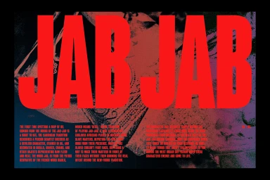 Bold red typography reading JAB JAB overlaying dark textured graphic design layout with historical text columns