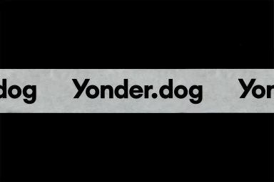 Bold typographic branding with the text Yonder.dog repeated across a light horizontal band set against a solid black background.