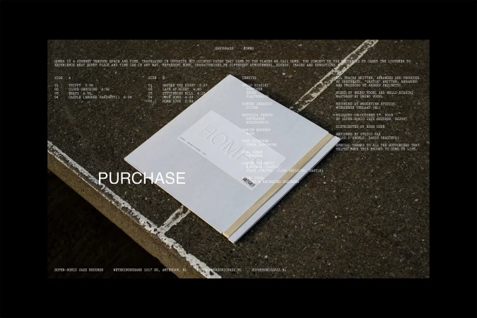 Album cover for the music album 'HOME' by the record label Super-Sonic Jazz Records, featuring track lists and credits on a white surface.