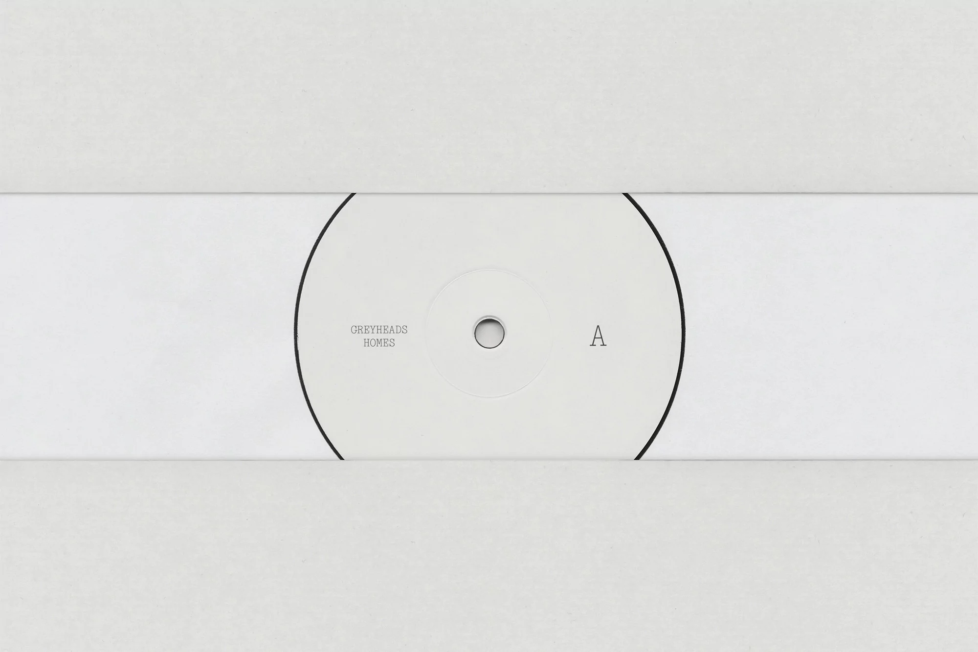 Close-up of a vinyl record in a white paper sleeve with text 'GREYHEADS HOMES' and the letter 'A' visible on the record label.