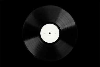Top-down view of a black vinyl record with a white center label featuring typography against a dark background