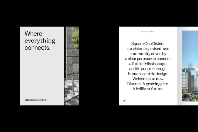 Architectural design featuring building exterior with a modern facade, set of stairs, greenery, and text overlay for Square One District.