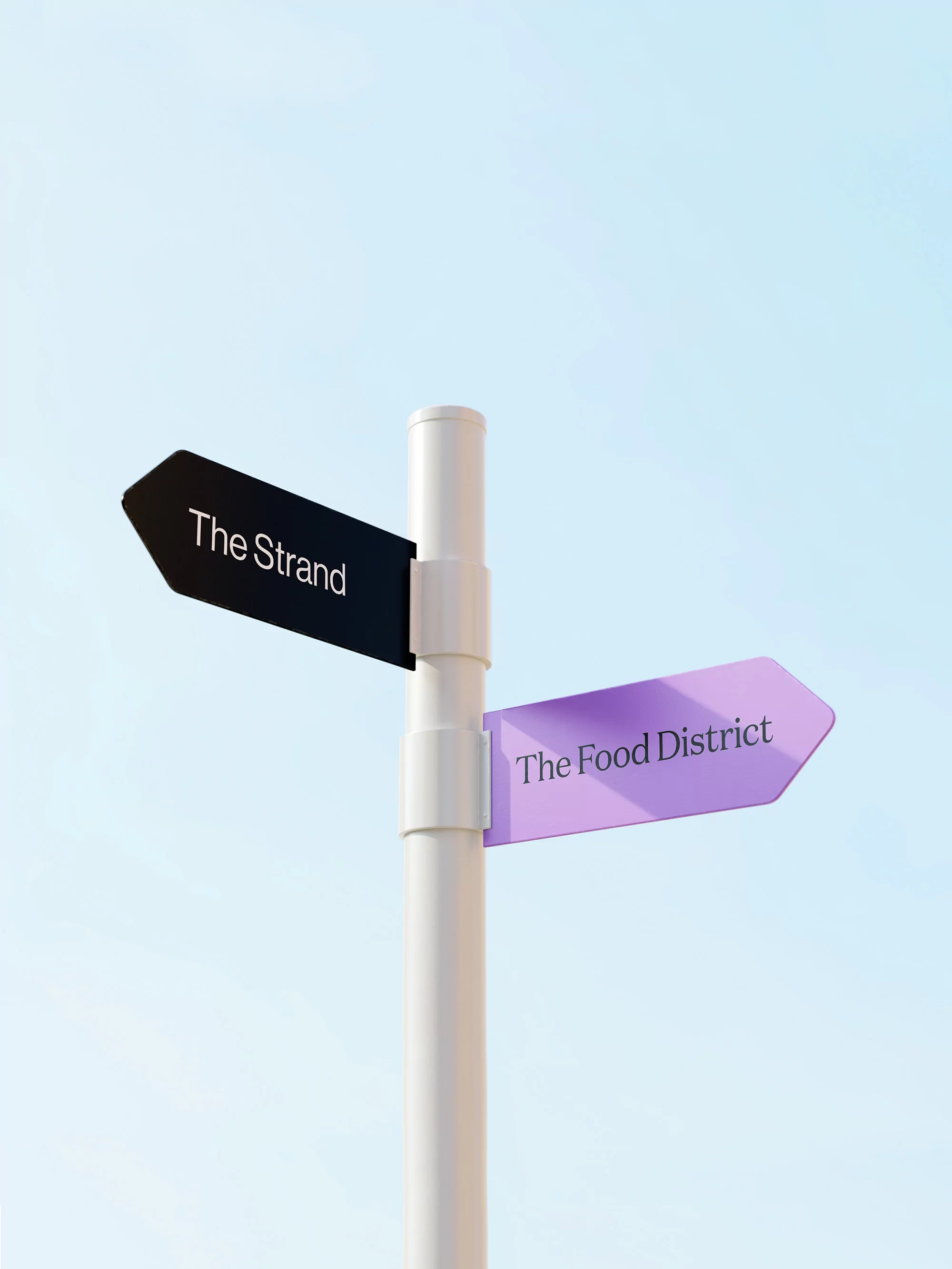 Directional signpost against a clear sky, showing 'The Strand' and 'The Food District', pointing in opposite directions, clean design.