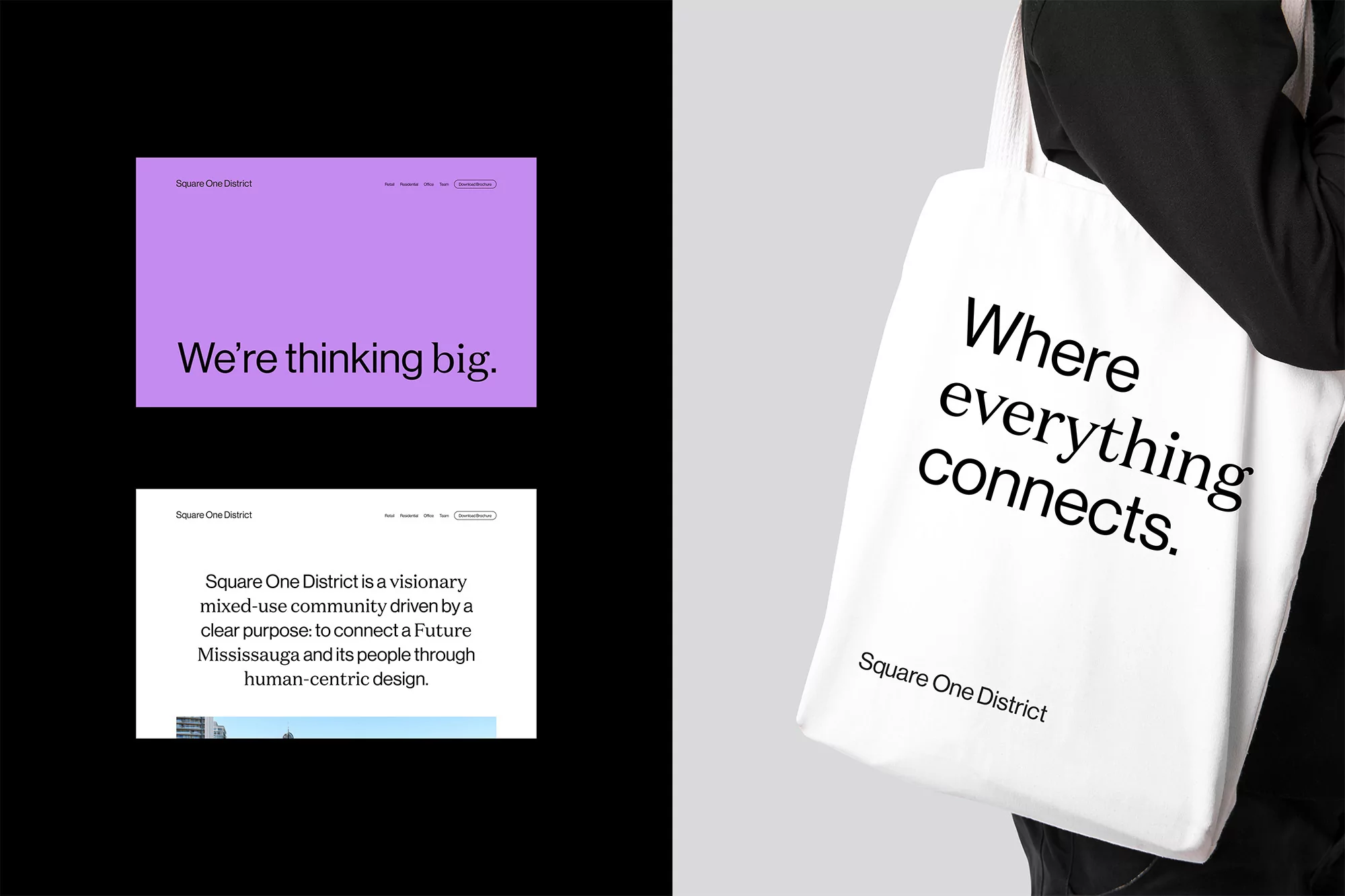 Promotional image featuring a tote bag with 'Where everything connects' and website visuals, highlighting the Square One District brand.