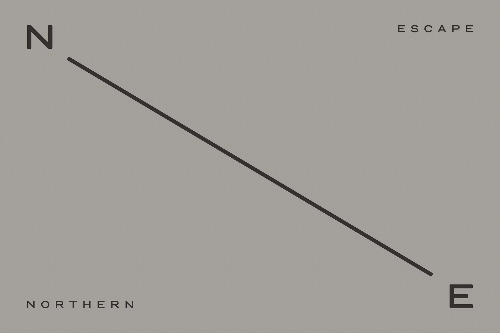 Graphic design featuring a dark gray diagonal line extending from the upper-left 'N' to the lower-right 'E' on a light gray background.