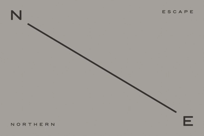 Graphic design featuring a dark gray diagonal line extending from the upper-left 'N' to the lower-right 'E' on a light gray background.