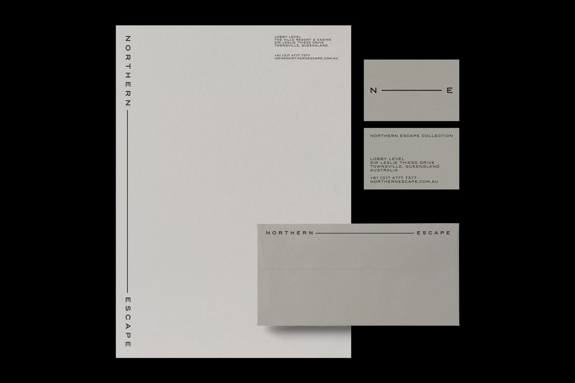 Neutral-toned stationery featuring letterhead, business card, and envelope with the 'Northern Escape' logo, showcasing design elements.