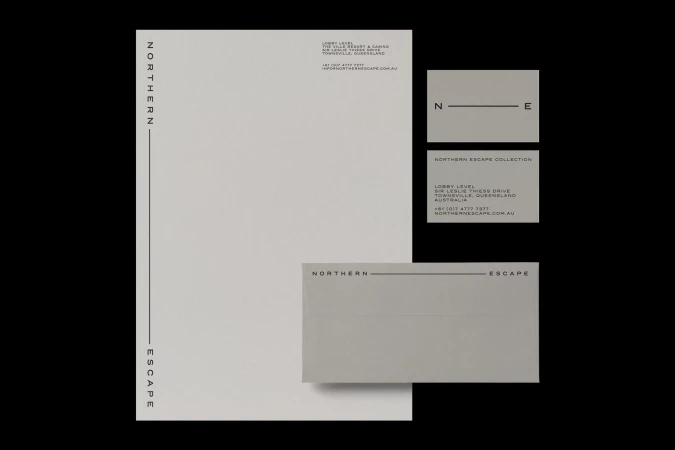 Neutral-toned stationery featuring letterhead, business card, and envelope with the 'Northern Escape' logo, showcasing design elements.