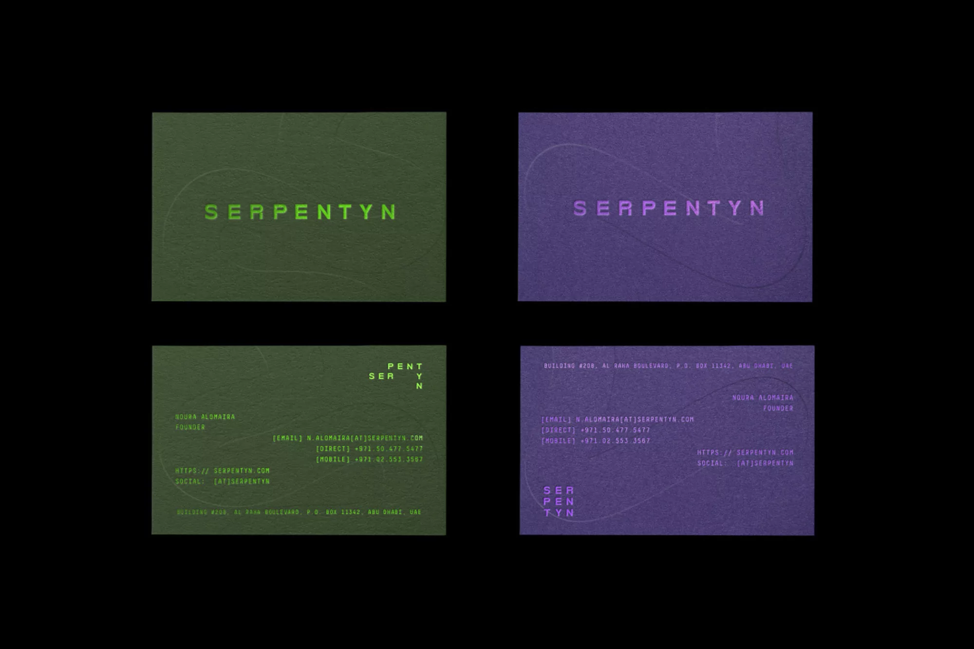 Four business cards, two green and two purple, feature the word SERPENTYN and contact information on a dark background.