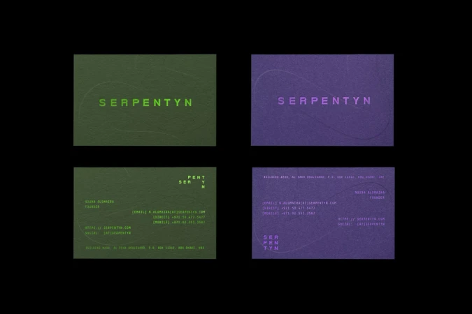 Four business cards, two green and two purple, feature the word SERPENTYN and contact information on a dark background.