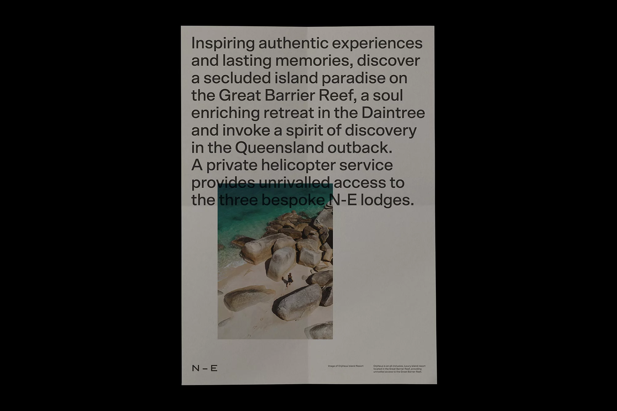 Island travel advertisement featuring a beach with rock formations and turquoise water, promoting island and helicopter experiences.
