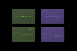 Four rectangular business cards with textured green and purple surfaces featuring debossed typography and curved lines