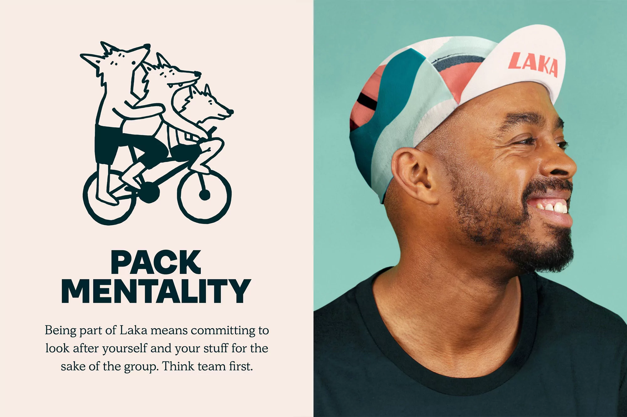 Promotional shot of a man wearing a Laka cap with a wolf illustration, smiling against a mint green background, next to a wolf illustration.