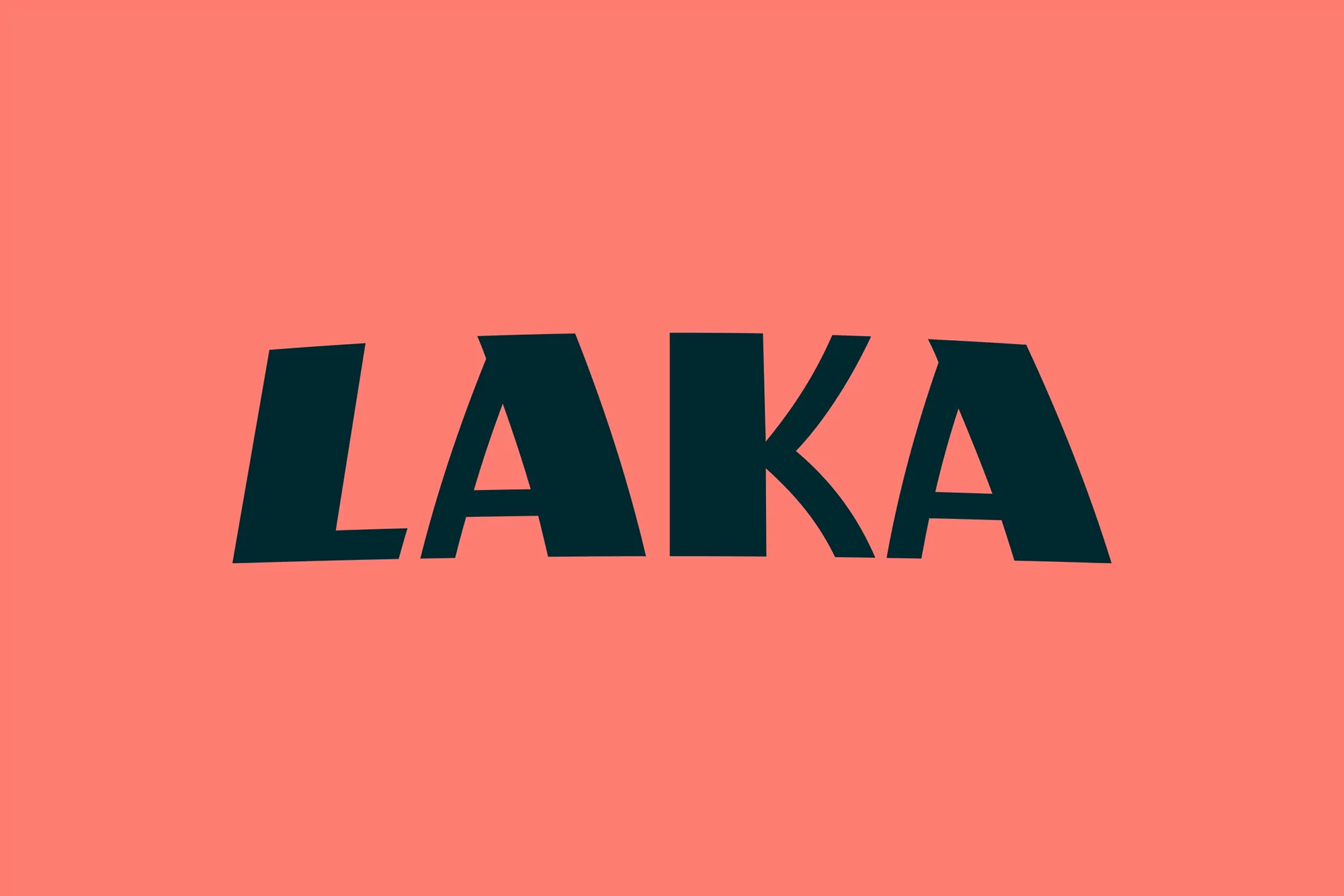 The word 'LAKA' in bold, dark teal lettering against a solid light coral background. Simple, clean graphic design with strong color contrast.