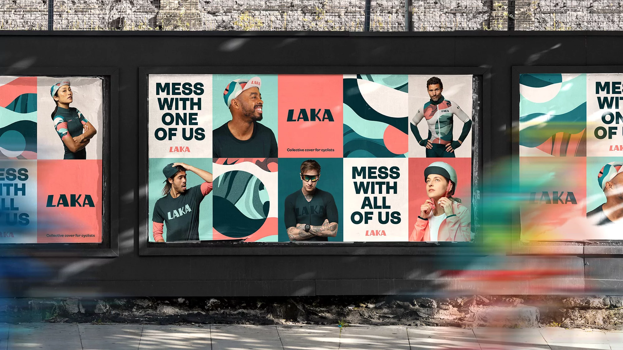 Outdoor billboard featuring Laka advertising campaign with a diverse group of cyclists promoting their collective cycling cover for cyclists.