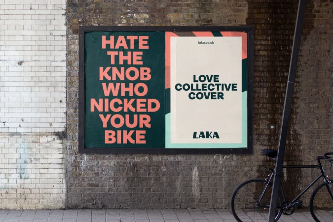 Outdoor advertising billboard on a brick wall featuring bold typographic posters for Laka bike insurance brand identity.