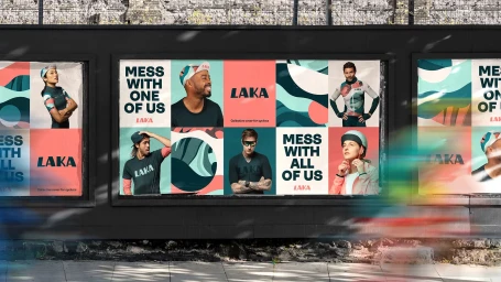 Outdoor billbord mockups displaying the Laka brand identity with bold typography and cyclist imagery.